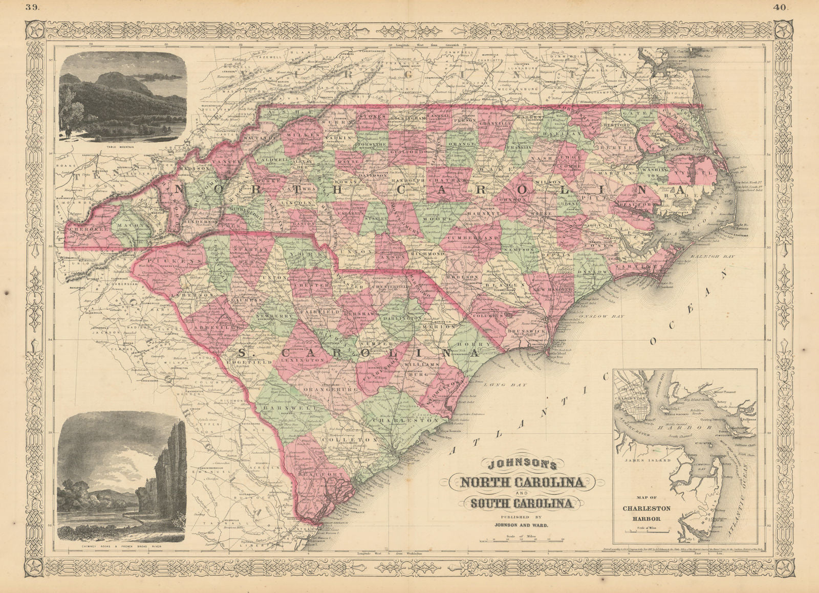Johnson's North & South Carolina showing counties. Charleston 1866 old map